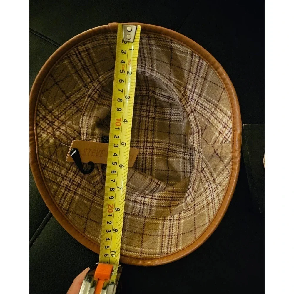 NWT Steve Madden Reversible Bucket Hat Plaid Tan Brown FauxLeather Trim One Size